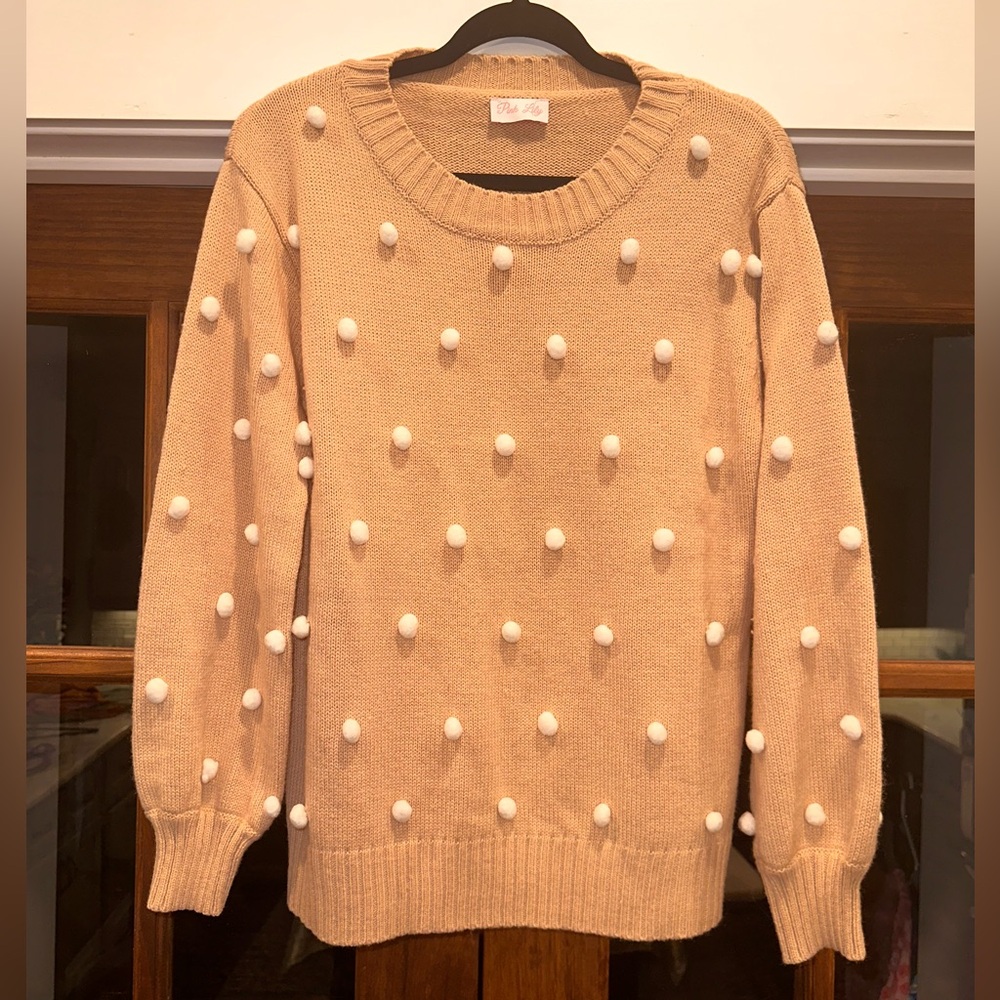 EUC Pink Lily Women's Size Medium Beige Sweater with White Pom Pom Accents - Picture 2 of 9